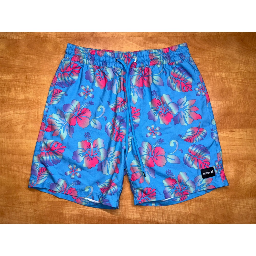 Hurley Mens Blue Tropical Hibiscus Floral Swim Trunks Board Shorts Small 7in